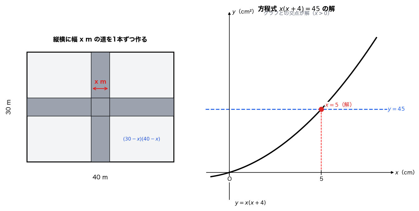 道幅問題の模式図と長方形問題のグラフ